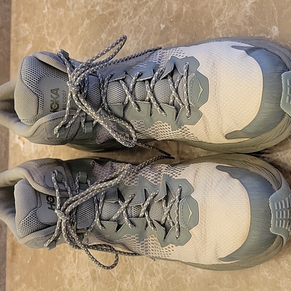 Hoka Army Gray and Cream Trail Boots, 14D